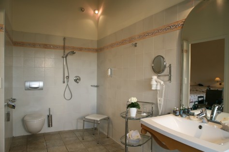 Salle de bains spacieuse équipée d'une douche ouverte accessible en chaise roulante, une baignoire entourée d'une barre, et un lavabo et des WC suspendus à hauteur idéale